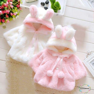 Babyclothes- เสื้อแจ็กเก็ต มีฮู้ด แต่งหูกระต่าย ประดับโบว์ ขนเฟอร์เทียม แบบหนา ให้ความอบอุ่น สําหรับเด็กผู้หญิง