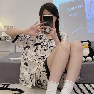 New pajamas womens ice silk cartoon pattern short-sleeved shorts summer thin plus size womens home suit