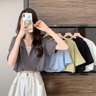 เสื้อยืดแขนสั้น คอวี ทรงหลวม ลายวาฟเฟิล สไตล์เกาหลี แฟชั่นฤดูร้อน