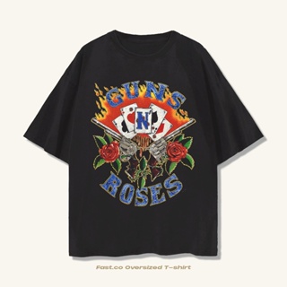 ร้อน 3 oversize T-shirt เสื้อยืดโอเวอร์ไซซ์ ลาย Guns N Roses สีดํา สีเทาเข้ม สไตล์วินเทจ S-5XL