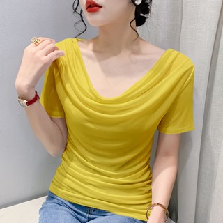 [แนะนําแฟชั่น] เสื้อยืดคอวี แขนสั้น จับจีบ เซ็กซี่ ฤดูร้อน สไตล์ใหม่ ออกแบบดี สุดชิค ดูผอมลง ขนาดเล็ก สําหรับผู้หญิง