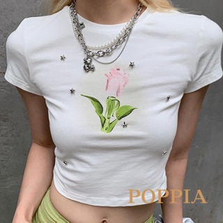Poppia- เสื้อครอปท็อป แขนสั้น คอกลม พิมพ์ลายดอกทิวลิป แต่งหมุด ทรงสลิมฟิต แฟชั่นฤดูร้อน สไตล์สตรีท สําหรับผู้หญิง