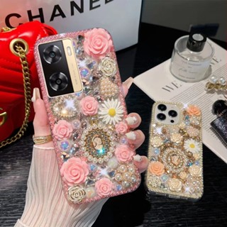 เคส Oppo A98 A78 5G A77s A17 A17K A57 2022 A78 5G A96 A76 A95 A55 A95 A74 5G A54 โทรศัพท์มือถือ ลายดอกกุหลาบ 3D ประดับเพชรเทียม แวววาว หรูหรา สําหรับ