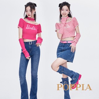 Poppia- เสื้อท็อปแขนสั้น เปิดไหล่ เอวลอย พิมพ์ลายตัวอักษร สําหรับผู้หญิง