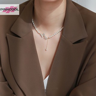 Pinkcool สร้อยคอโชคเกอร์ จี้ผีเสื้อ ประดับมุก เพทาย แวววาว ปรับได้ เครื่องประดับแฟชั่น สําหรับผู้หญิง ขายดี