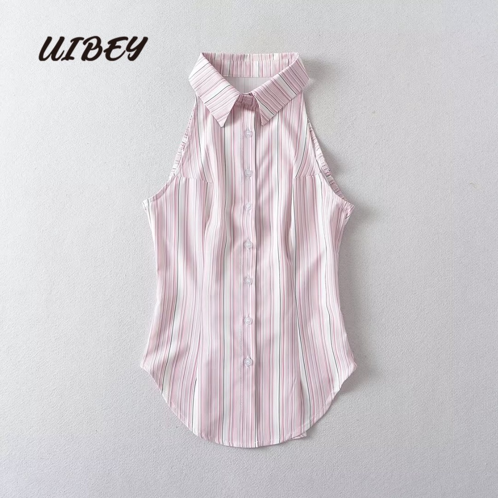 uibey-เสื้อเชิ้ต-คอปก-แขนกุด-ลายทาง-แฟชั่น-7301