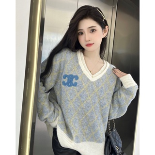 ST4F CEL Beaute 2023 autumn and winter New Gold and silver thread rhombus blue v-neck long sleeve sweater womens letter embroidery logo decoration design