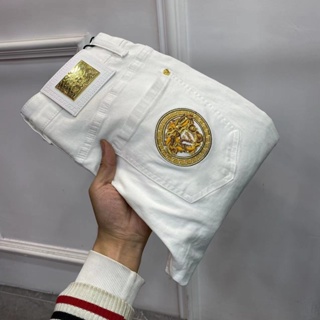 HB8N VERSACE spring and summer simple European high quality fashion brand European elastic slim fit small feet straight jeans 767 white jeans