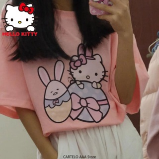 Hello Kitty Anima เสื้อยืดสำหรับนักเรียนคู่ casua หญิง Tees หลวม Y2k ของขวัญ Kawaii SANRIO Cinnamoroll TShirt Kuromi Mel