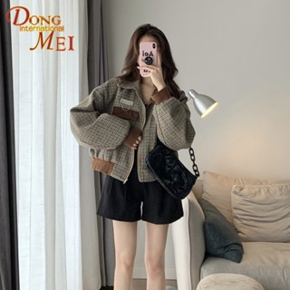 เสื้อแจ็กเก็ตสั้น สีกาแฟ ขนาดเล็ก แฟชั่นฤดูใบไม้ร่วง สไตล์เรโทร สําหรับผู้หญิง 2023