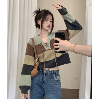 เสื้อกันหนาวแขนยาว ทรงหลวม ลายทาง สีตัดกัน ระดับไฮเอนด์ เข้ากับทุกการแต่งกาย สําหรับผู้หญิง 923a02