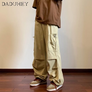 DaDuHey🔥 Mens Hong Kong Style Multi-Pocket All-Matching Cargo Pants 2023 New Loose Straight Pure Color Casual Pants