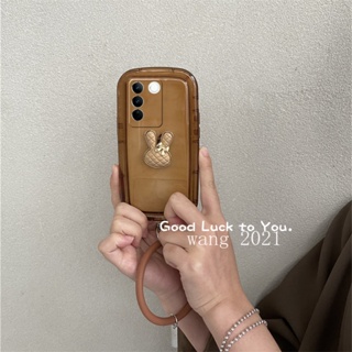 New Casing เคส VivoV27 VIVO V27e V27 Pro X90 X80 X70 Pro 5G Hot Deals Vintage Leather Plaid Rabbit Phone Case Shockproof Silicone Soft Cover with Silicone Bracelet เคสโทรศัพท