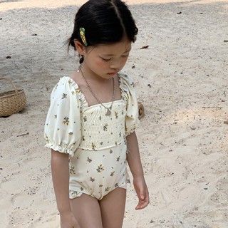 ชุดว่ายน้ํา แขนดึง พิมพ์ลายดอกไม้ สไตล์เจ้าหญิง แฟชั่นฤดูร้อน สําหรับเด็กผู้หญิง
