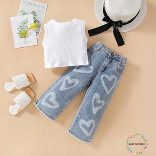 Babyclothes- ชุดเสื้อแขนกุด กางเกงยีน พิมพ์ลายหัวใจ สีพื้น สําหรับเด็กผู้หญิง 2 ชิ้น