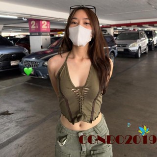 Hgm- เสื้อครอปท็อป แขนกุด กลวง สีตัดกัน สําหรับผู้หญิง ใส่ไปคลับ