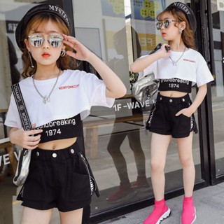 ชุดเสื้อยืดแขนสั้น กางเกงขาสั้น ผ้าฝ้าย แฟชั่นสําหรับเด็กผู้หญิง สามชิ้น
