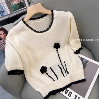 ใหม่ เสื้อยืดลําลอง แขนสั้น คอกลม ทรงหลวม ลายดอกไม้ 3D สีตัดกัน แฟชั่นฤดูร้อน สําหรับสตรี