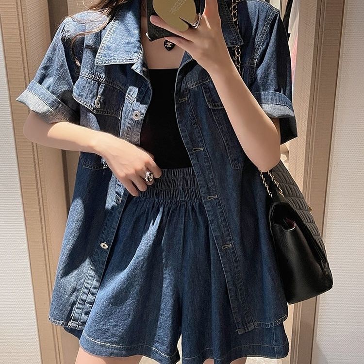 hong-kong-style-casual-fashion-suit-womens-summer-loose-age-reducing-thin-denim-shirt-jacket-shorts-western-style-two-piece-suit