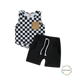 Babyclothes- ชุดเสื้อแขนกุด พิมพ์ลายกระดานหมากรุก และกางเกงขาสั้น สีพื้น แฟชั่นฤดูร้อน สําหรับเด็กผู้ชาย