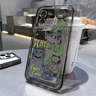 ใหม่ เคสโทรศัพท์มือถือนิ่ม ลายการ์ตูนแมว ภาษาอังกฤษ สีดํา สําหรับ Apple Iphone 13 14Promax 11 12 7 8p