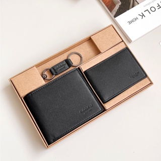 Compact id wallet F74974 กระเป๋าสตางค์ผู้ชาย แท้ COAC H กระเป๋าสตางค์สั้นหนังวัว พับใส่บัตร สีดำคลาสสิก