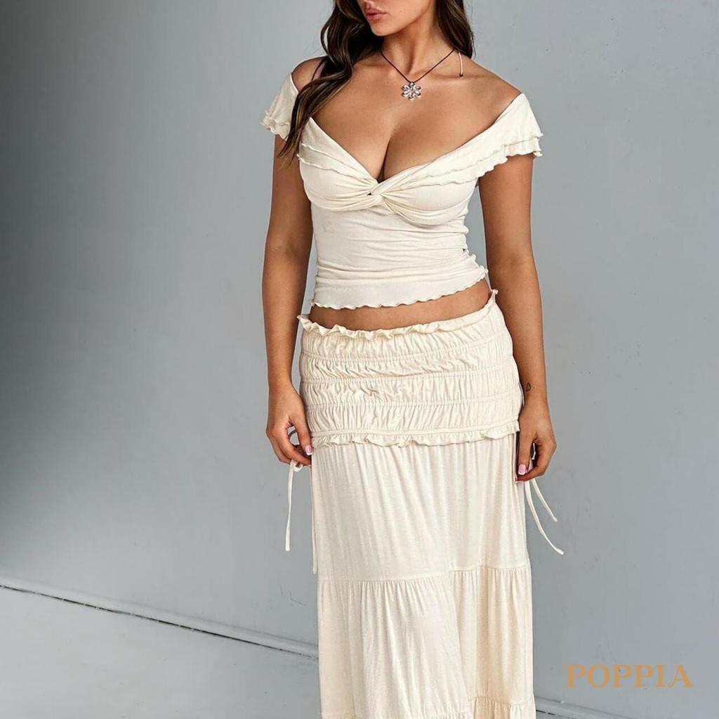 poppia-เสื้อครอปท็อป-เปิดไหล่-แขนสั้น-สีพื้น-สําหรับผู้หญิง