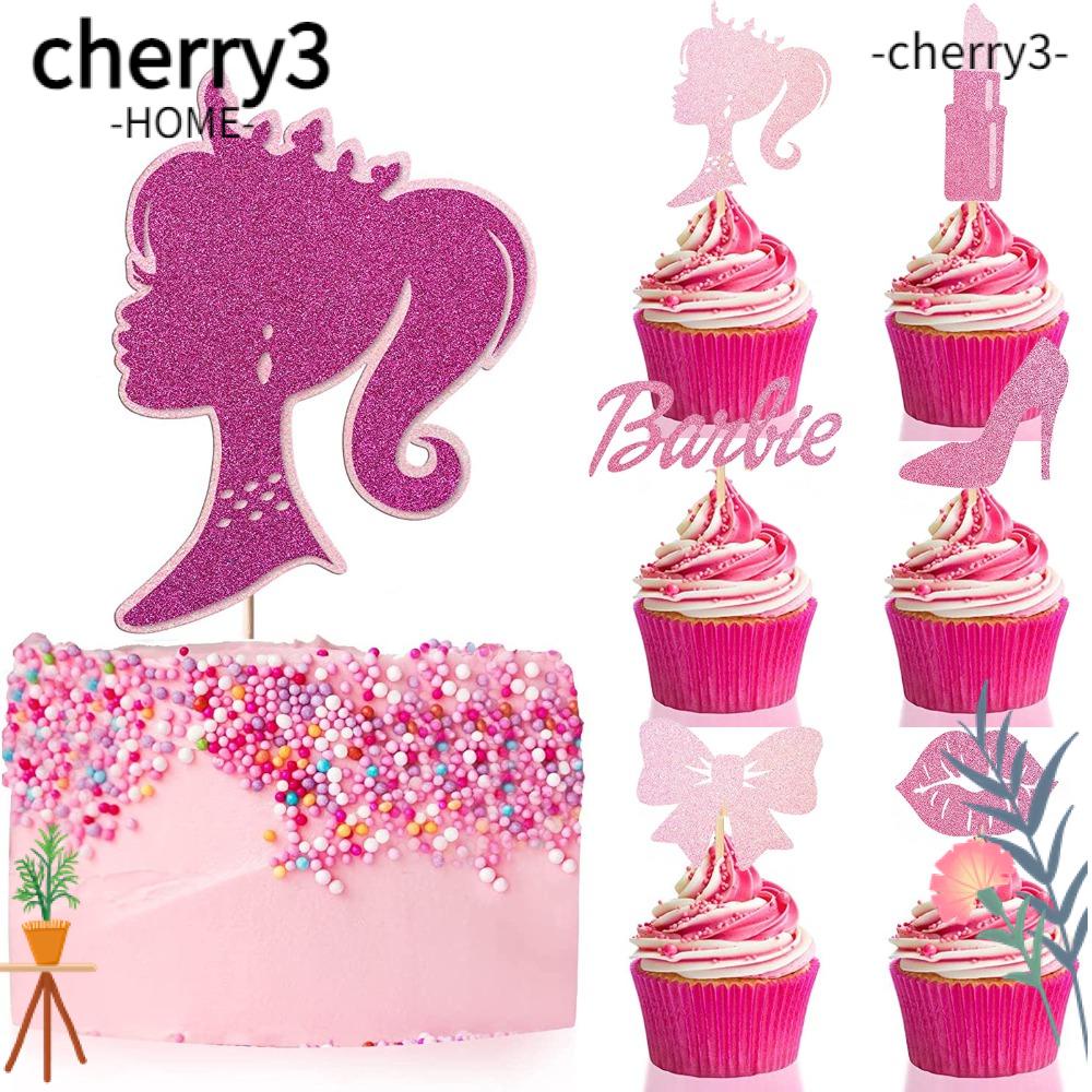 cherry3-ท็อปเปอร์กระดาษ-รูปตุ๊กตาเจ้าหญิง-สีชมพู-สําหรับตกแต่งคัพเค้ก-24-ชิ้น