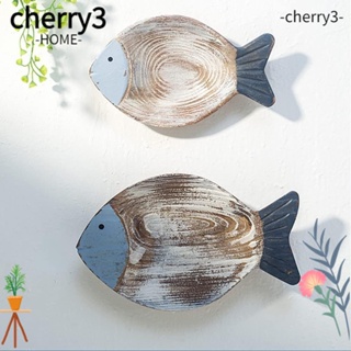 Cherry3 แผ่นไม้ รูปปลา สีฟ้า และกาแฟ สไตล์คลาสสิก สําหรับแขวนตกแต่งผนังห้องนอน 2 ชิ้น