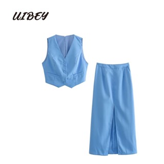 Uibey เสื้อกั๊ก คอวี สีพื้น + กระโปรงยาวครึ่งส่วน 8499