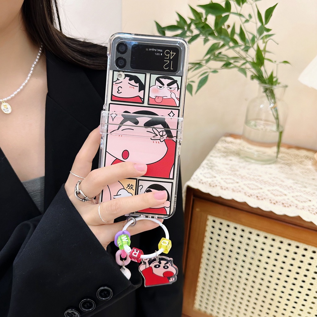 เคสโทรศัพท์มือถือ-pc-แข็ง-กันกระแทก-ลายการ์ตูนชินจังน่ารัก-พร้อมสายโซ่คล้อง-สําหรับ-samsung-galaxy-z-flip-4-5g-3in1-z-flip-3