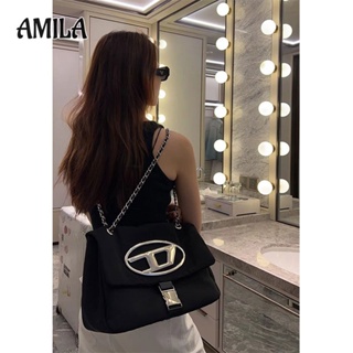 AMILA กระเป๋าโท้ทโซ่คู่ความจุสูงวัสดุผ้าอ็อกซ์ฟอร์ดสีดำลายตัวอักษร D กระเป๋าแฟชั่นผู้หญิงสไตล์เกาหลี