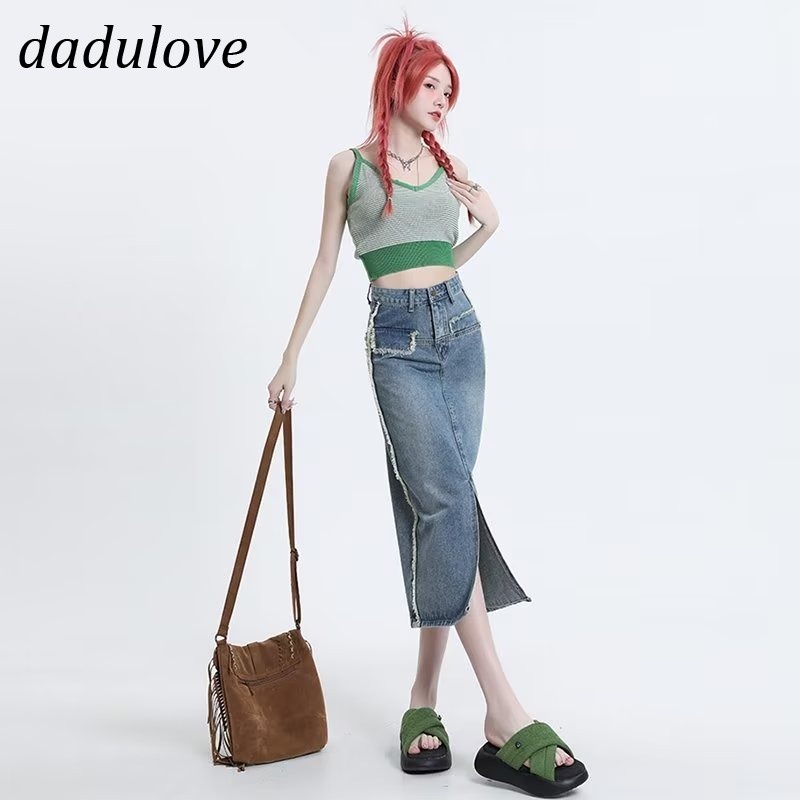 dadulove-new-korean-version-of-ins-retro-washed-slit-denim-skirt-high-waist-loose-a-word-long-skirt-bag-hip-skirt