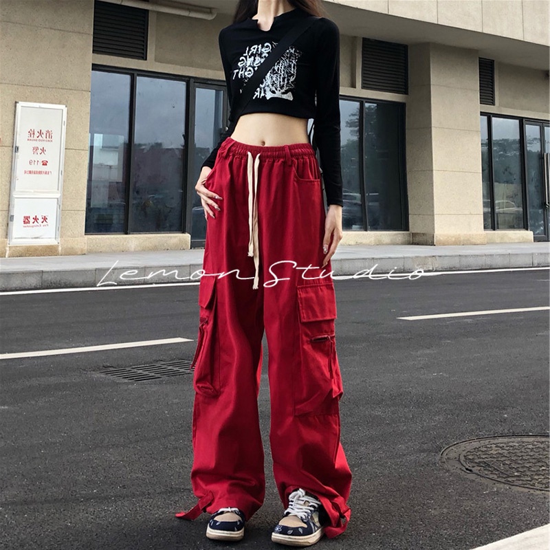 lemon-studio-กางเกงขายาว-กางเกงเอวสูงผู้หญิง-สีแดง-เสื้อผ้าแฟชั่นผู้หญิง-เสื้อผ้าสไตล์เกาหลี-กางเกงคาร์โก้-tjl075