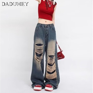 DaDuHey🎈 American Style Retro New High Waist Jeans Womens Casual Loose All-Match Retro Design Ripped Straight Wide Leg Casual Mop Pants