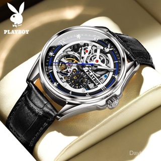 Playboy Watch (ของแท้ เคาน์เตอร์ + กล่องของขวัญ) 3032 นาฬิกากลไกอัตโนมัติ มุมมองกลวง ลําลอง เรืองแสง ตัวชี้ 50 เมตร กันน้ํา สําหรับผู้ชาย