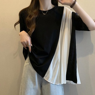 Extra large size 300jin impact color chiffon spliced short-sleeved T-shirt fat MM loose belly-covered thin blouse trend