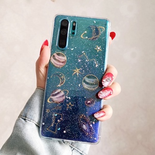 เคสโทรศัพท์มือถือแบบนิ่ม อีพ็อกซี่ ใส ลายดาวเคราะห์ กลิตเตอร์ สําหรับ Huawei Y9s Y9 Y9Prime 2019 Nova 7i 7SE honor 50 P50 P40 P30 Pro