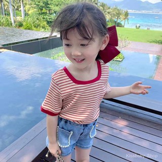 ชุดเดรสเสื้อยืดแขนสั้น แบบบาง ลายทาง แฟชั่นฤดูร้อน สไตล์เกาหลี สําหรับเด็กผู้หญิง