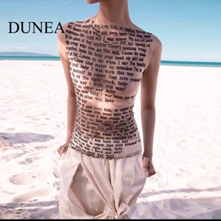 Dunea เสื้อยืด คอกลม แขนกุด พิมพ์ลายตัวอักษร สําหรับผู้หญิง