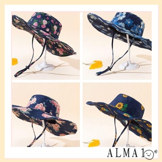 Alma หมวกบักเก็ต ผู้หญิง ฤดูใบไม้ผลิ ฤดูร้อน พร้อมเชือกกันลม ปีกกว้าง หมวกบังแดด ขนาดใหญ่