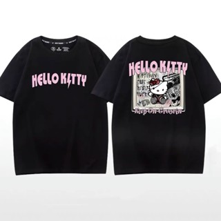 【ใหม่】 Hello Kitty หวานด้านบนแขนสั้นสีดำเสื้อยืดผู้หญิงฤดูร้อน 2023 เทรนด์ใหม่อเมริกันครึ่งแขน chic