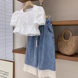 ชุดเสื้อเชิ้ตยีน แขนพัฟ คอสี่เหลี่ยม ผ้าเบาสบาย แต่งลูกไม้ แฟชั่นฤดูร้อน สไตล์ฝรั่งเศส สําหรับเด็กผู้หญิง สองชิ้น
