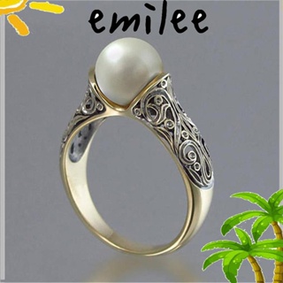 Emilee แหวนมุกสีขาว แกะสลักงานแต่งงาน ชุบทอง สีเหลือง