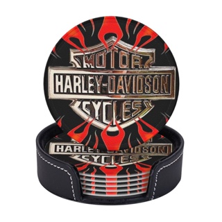 Harley Davidsons ที่รองแก้วหนัง ทรงกลม กันเปื้อน และป้องกันน้ําร้อนลวก สําหรับร้านอาหาร ห้องครัว สํานักงาน และอื่น ๆ 6 ชิ้น