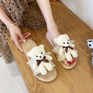 รองเท้าแตะ ส้นแบน ลายการ์ตูนหมี หัวใจ เข้ากับทุกการแต่งกาย แฟชั่นฤดูร้อน สไตล์เกาหลี สําหรับผู้หญิง และนักเรียน 2023