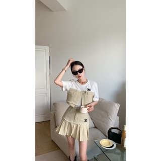 RMQR CEL Beaute 2023 spring and summer New Age-reducing exquisite letter embroidery stitching contrast color T-shirt overskirt womens casual fashion suit