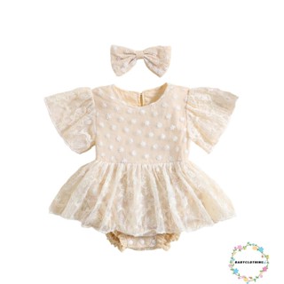 Babyclothes- ชุดจั๊มสูทรอมเปอร์ แขนสั้น คอกลม ปักลายลูกไม้ ดอกไม้ พร้อมที่คาดผม แฟชั่นฤดูร้อน สําหรับเด็กผู้หญิง