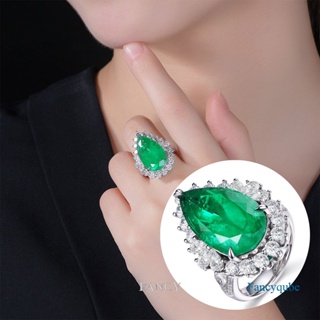 Fancy แหวนนิ้วมือ ประดับคริสตัล รูปลูกแพร์ สีเขียวสดใส สไตล์วินเทจ สําหรับผู้หญิง