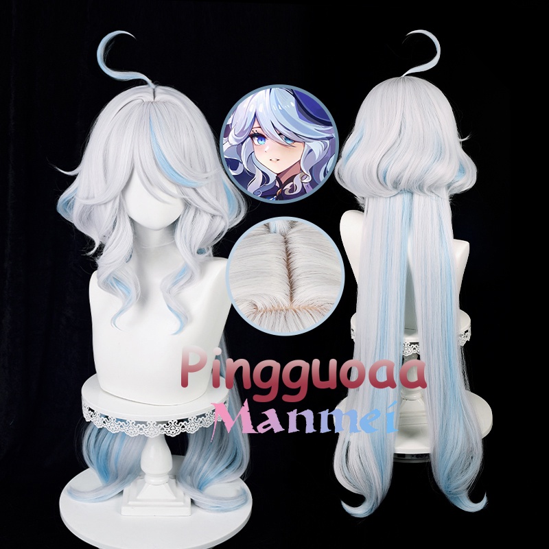 Manmei Genshin Impact Focalors Cosplay Wig 100cm Long Silver White Blue